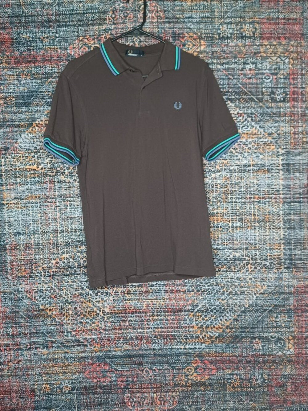 Fred Perry mens solid black w blue an seafoam stripe mesh polo shirt M